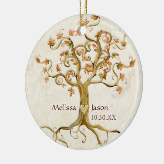 Swirl Tree Roots Antike Personalisierte Namen Herz Keramikornament (Links)