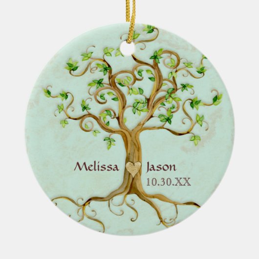 Swirl Tree Roots Antike Personalisierte Namen Herz Keramikornament (Vorne)