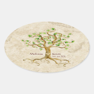 Swirl Tree Roots Antike Personalisierte Namen Herz Ovaler Aufkleber
