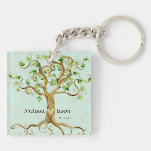 Swirl Tree Roots Antike Personalisierte Namen Herz Schlüsselanhänger (Rückseite)