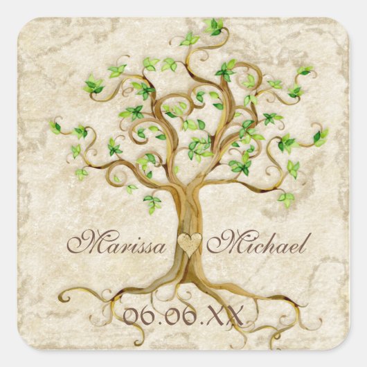 Swirl Tree Roots Antiqued Wedding Matching Siegel Quadratischer Aufkleber (Vorderseite)