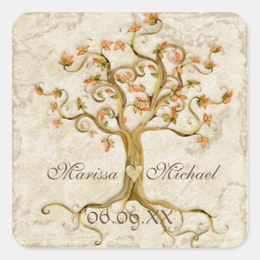 Swirl Tree Roots Antiqued Wedding Matching Siegel Quadratischer Aufkleber (Vorderseite)