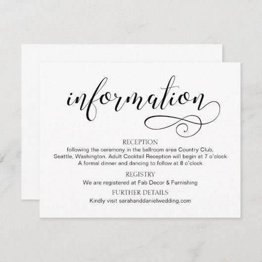 Swirl Typografy Wedding Information Card Script Begleitkarte (Vorne/Hinten)