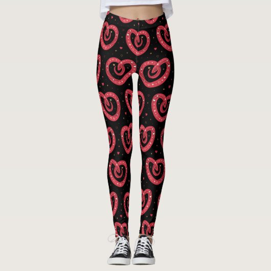 Swirly Red Abstract Hearts Pattern Leggings (Vorderseite)