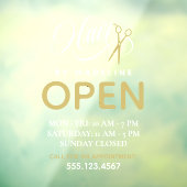 Swirly White Text Scissors Hair Salon Open Hours Fensteraufkleber (Blatt 3)