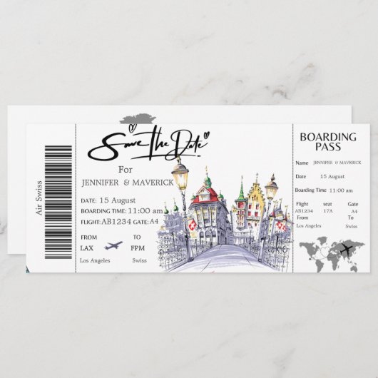 Swiss Boarding Pass Save the Date Ticket Einladung (Vorne/Hinten)