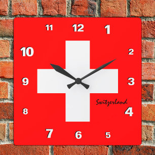 Switzerland Clock, patriotic home, Swiss Flag Quadratische Wanduhr