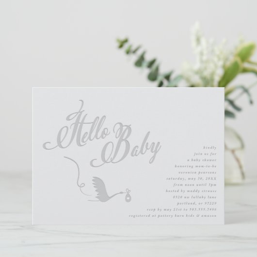 Swooping Stork Baby Dusche Einladung (Stehend Vorderseite)