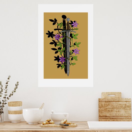 Sword & Clematis – Medieval Floral Blade Poster (Küche)