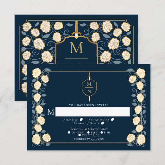 Sword & Shield Fantasy Wedding RSVP Blue Begleitkarte (Vorne/Hinten)