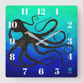 Sybille's Octo On Blue Green - Square Wall Clock Quadratische Wanduhr