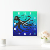 Sybille's Octo On Blue Green - Square Wall Clock Quadratische Wanduhr (Zuhause)