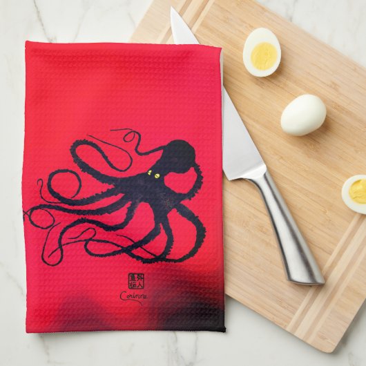 Sybille's Octopus On Red - Küchentücher (Viertel Falte)