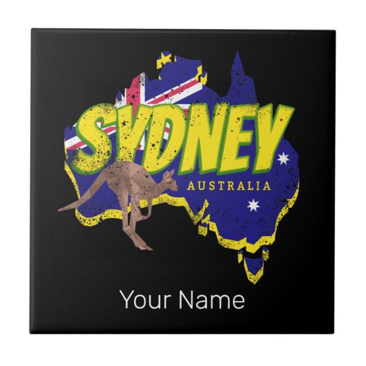 Sydney Australia Retro Kangaroo und Flag Vintag Fliese (Vorderseite)