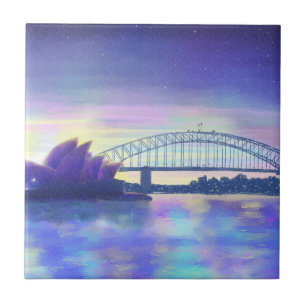 Sydney Harbour Aquarell Lila Sonnenuntergang Fliese