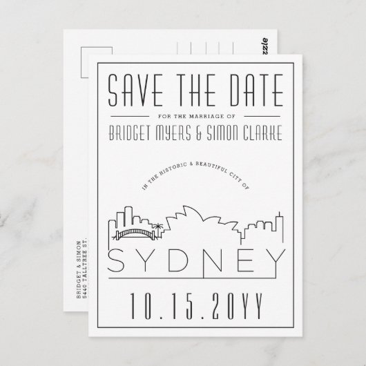 Sydney Wedding Deko Skyline Save the Date Postkarte (Vorne/Hinten)