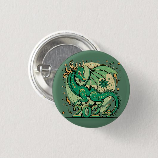 Symbol 2024 Neues Jahr, Grüner Holzdrache Button (Vorne & Hinten)