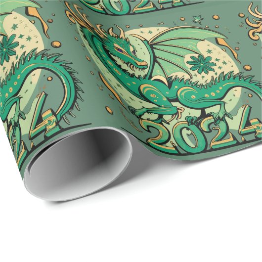 Symbol 2024 Neues Jahr, Grüner Holzdrache Geschenkpapier (Rolleneckpunkt)