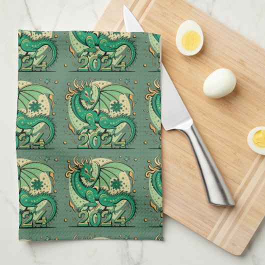 Symbol 2024 Neues Jahr, Grüner Holzdrache Geschirrtuch (Viertel Falte)