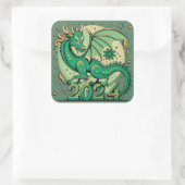 Symbol 2024 Neues Jahr, Grüner Holzdrache Quadratischer Aufkleber (Tasche)