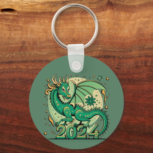 Symbol 2024 Neues Jahr, Grüner Holzdrache Schlüsselanhänger (Rückseite)