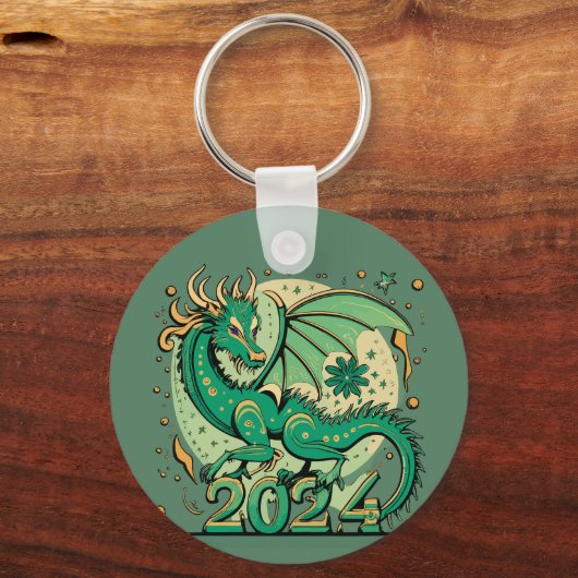 Symbol 2024 Neues Jahr, Grüner Holzdrache Schlüsselanhänger (Vorderseite)