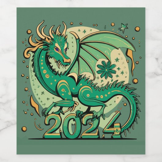 Symbol 2024 Neues Jahr, Grüner Holzdrache Weinetikett (Einzelnes Label)