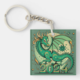 Symbol 2024 Neujahr, Grüner Holz-Drache Schlüsselanhänger