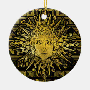 Symbol Apollo Sun auf griechischem Schlüsselmuste Keramikornament