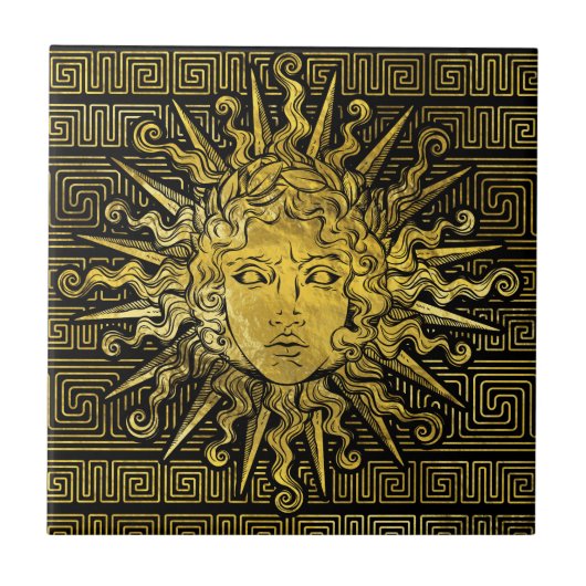Symbol Apollo Sun auf griechischem Schlüsselmuster Fliese (Vorderseite)