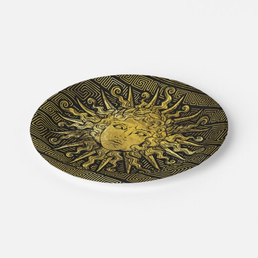 Symbol Apollo Sun auf griechischem Schlüsselmuster Pappteller (Schrägansicht)