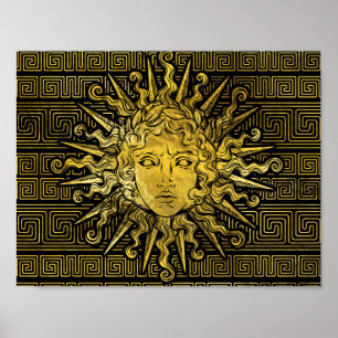 Symbol Apollo Sun auf griechischem Schlüsselmuster Poster