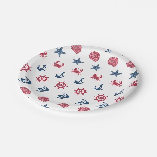 Symbol-Muster in Rot-Weiß und Blau-Meer Pappteller (Schrägansicht)