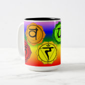 SYMBOL-TASSE DES YOGA-REIKI SIEBEN CHAKRA. ZWEIFARBIGE TASSE (Vorderseite Links)