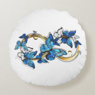Symbol Unendlichkeit von blauen Morpho-Schmetterli Rundes Kissen