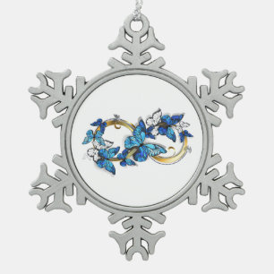 Symbol Unendlichkeit von blauen Morpho-Schmetterli Schneeflocken Zinn-Ornament