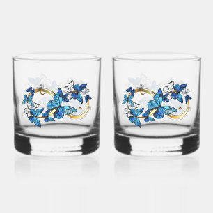 Symbol Unendlichkeit von blauen Morpho-Schmetterli Whiskyglas