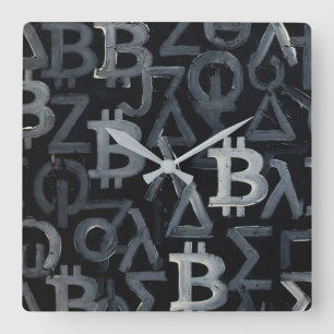 Symbole von Bitcoin (Stil: 12) Quadratische Wanduhr