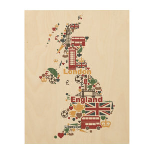Symbole von England-Karte Holzdruck