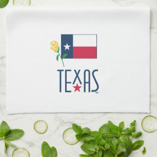 Symbole von Texas, Texas-Flagge und gelbe Rose Gla Geschirrtuch