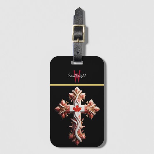 Symbolische Fusion: Kreuz mit rotem Ahornleaf Gepäckanhänger (Vorderseite Vertikal)