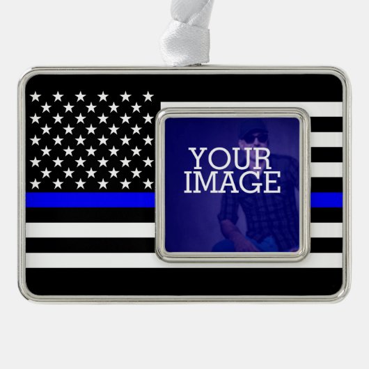 Symbolische Thin Blue Line US Flag Ihr Bild auf Rahmen-Ornament Silber (Vorderseite)