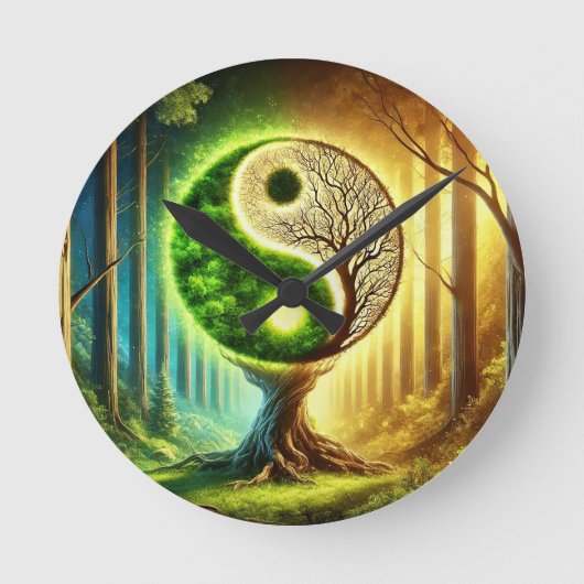 Symbolischer Baum mit Yin Yang Design Runde Wanduhr (Vorderseite)