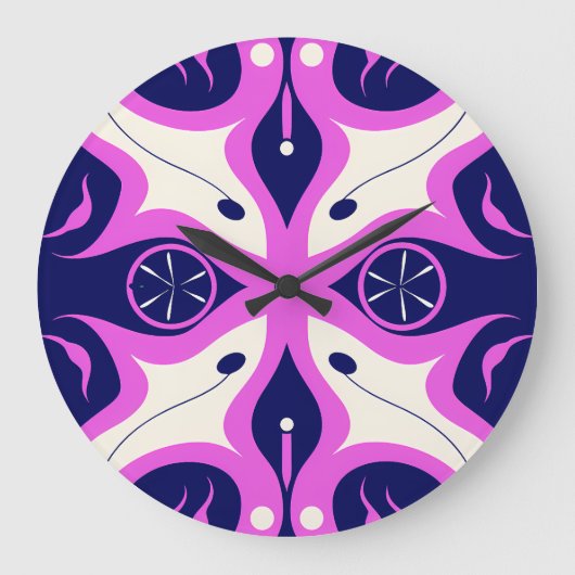 Symmetrical Abstract Pattern in Purple and White Große Wanduhr (Vorderseite)