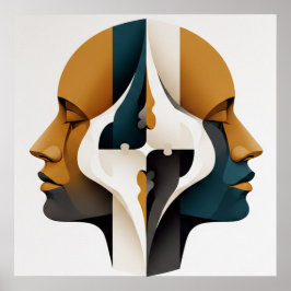 Symmetrical Abstract Portrait in Ochre and Slate Poster