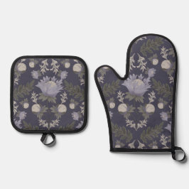 Symmetrical dark purple floral pattern ofenhandschuh & Topflappen-Set