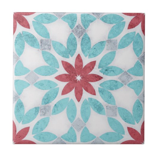 Symmetrisch florales Rotes Blau, grauer Stein, tex Fliese (Vorderseite)