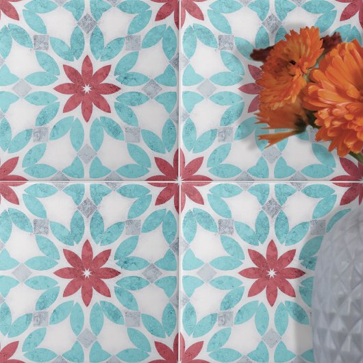 Symmetrisch florales Rotes Blau, grauer Stein, tex Fliese