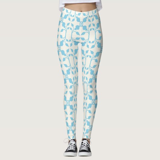 Symmetrische blaue Flora Leggings (Vorderseite)