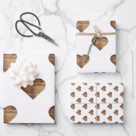 Symmetrische große rustikale braune Holzherzen Geschenkpapier Set